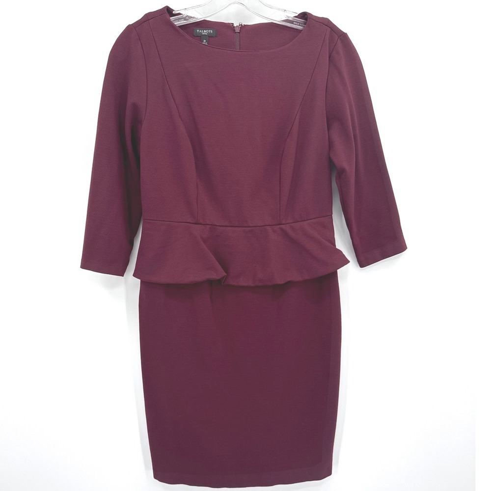 Talbots Women Peplum Sheath Dress 2P Burgundy 3/4 Sleeve Business Cocktail